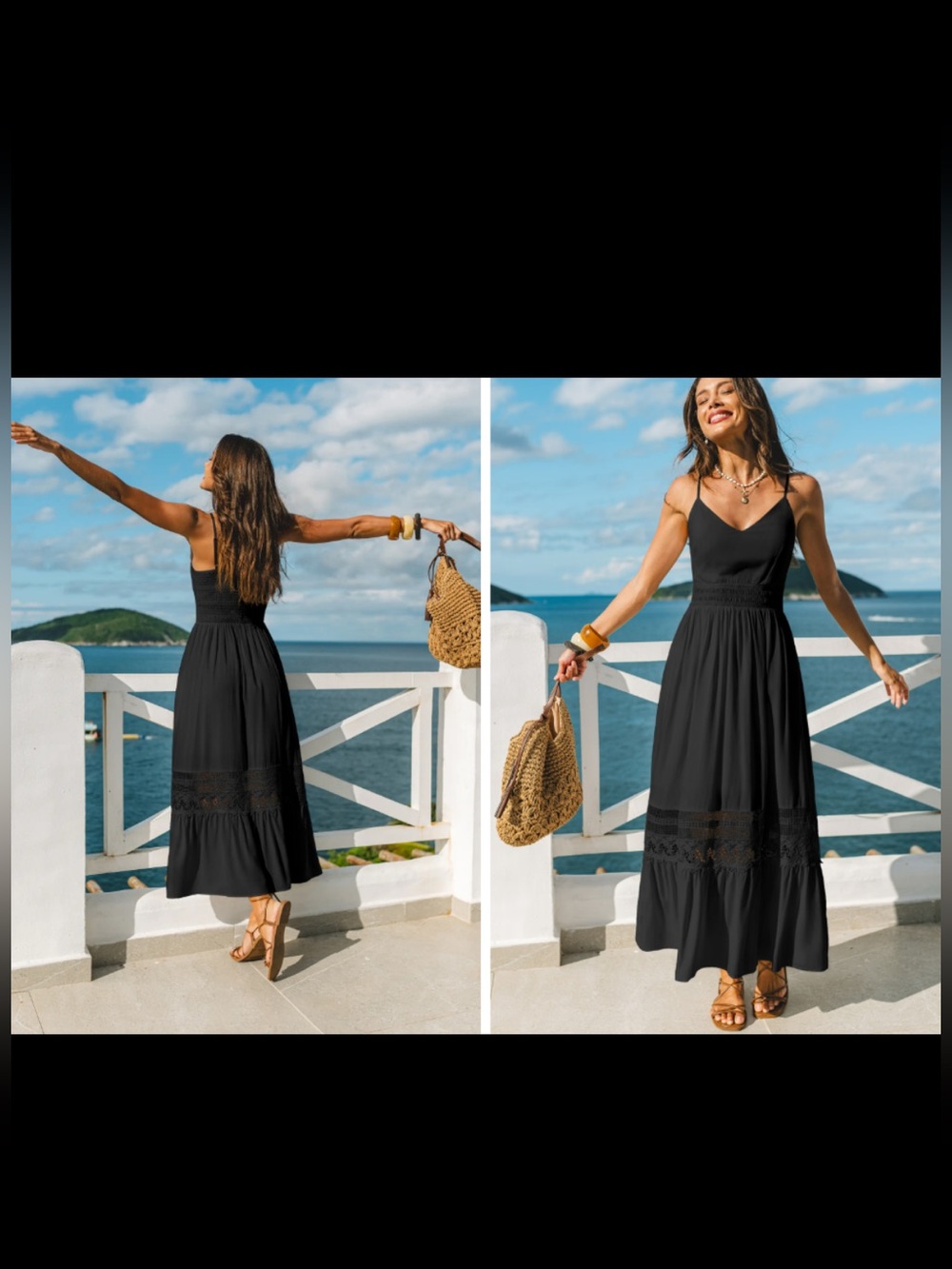 Cupshe Black Lace-Inset Spaghetti-Strap Maxi Dress